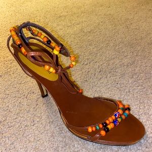 VINTAGE Enzo Angiolini Brown Eaomani Brown Multicolor Beaded Strappy Tie Heels